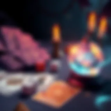 Divinatory Game Elements An illustration showing tarot cards, dice, and a mystical crystal ball on a tabletop, representing elements of a divinatory game.