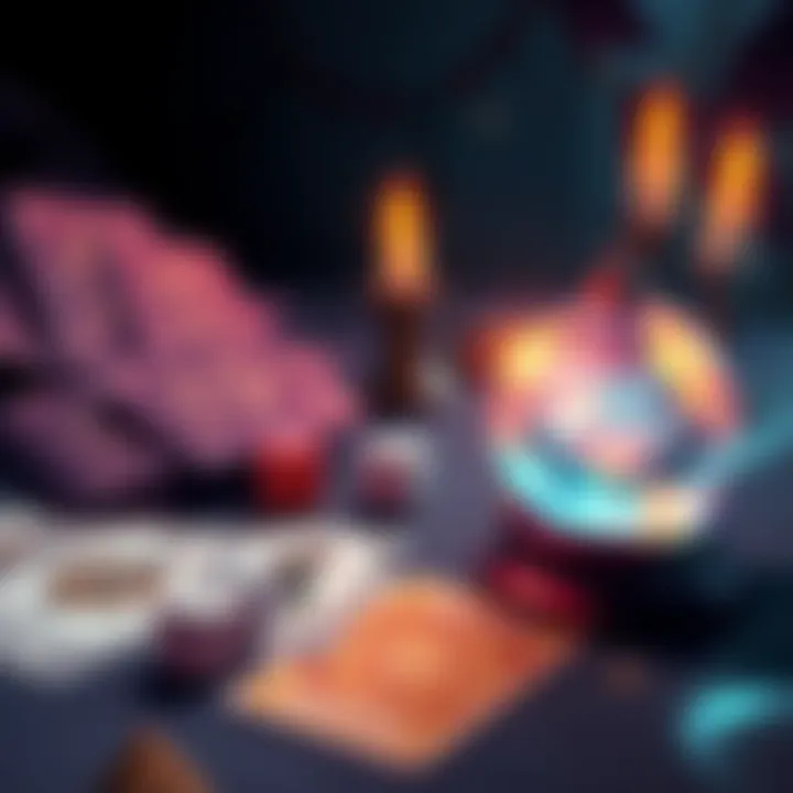 Divinatory Game Elements An illustration showing tarot cards, dice, and a mystical crystal ball on a tabletop, representing elements of a divinatory game.