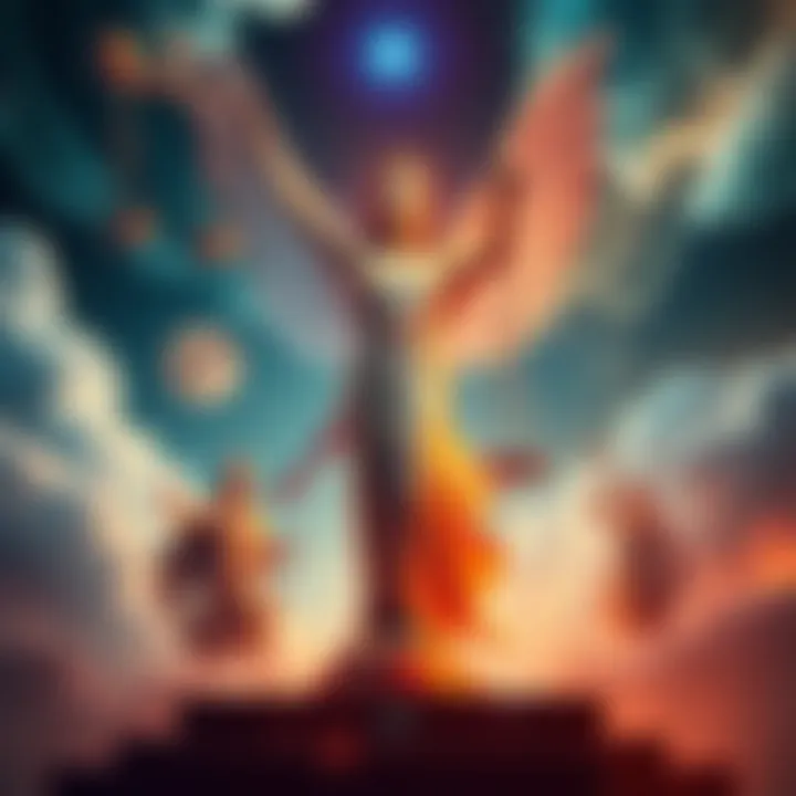 An artistic representation of deities symbolizing justice, featuring scales and powerful figures in a celestial setting
