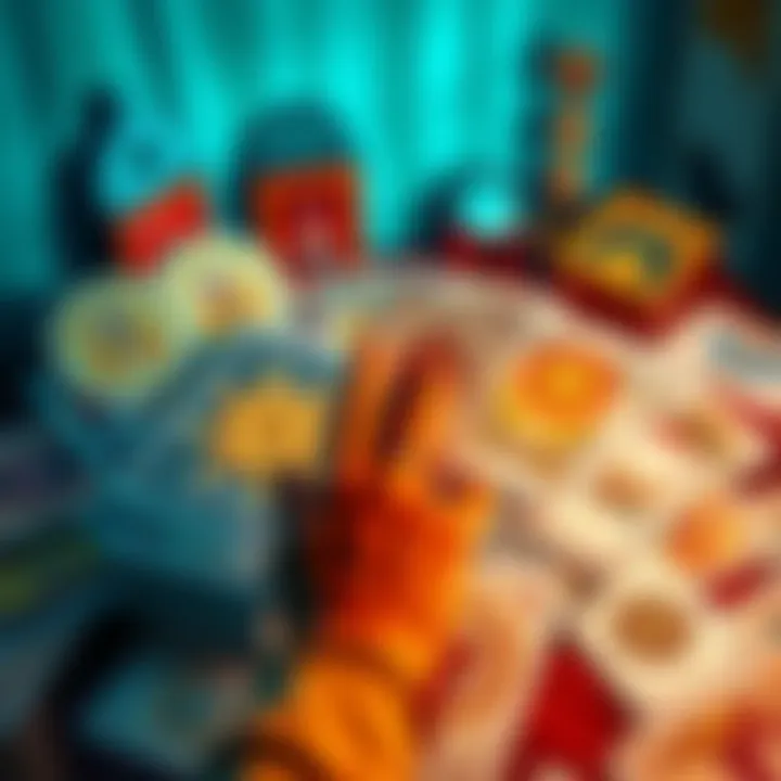 A colorful spread of the Divine Angel Oracle cards on a table, showcasing artistic designs and symbols, with hands reaching for a card.