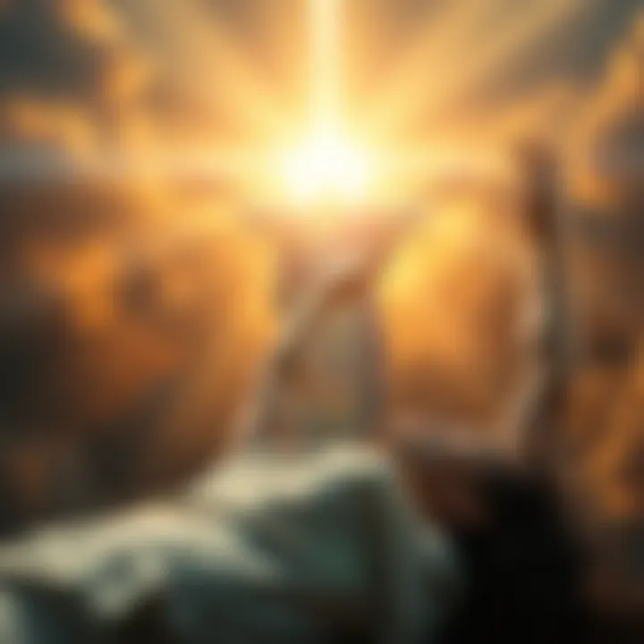 A serene scene of a person experiencing a near-death experience with a bright light and a figure representing divine presence, symbolizing an apology for human suffering.