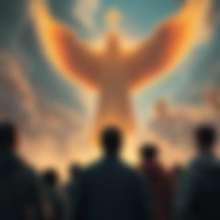 A figure representing divine beings watching over a group of people contemplating life and reincarnation.