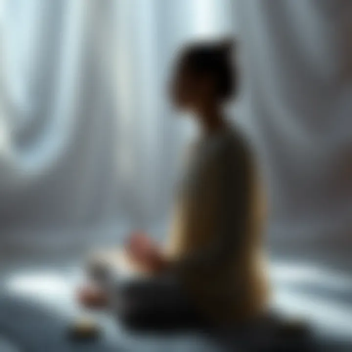 A person sitting cross-legged in a serene setting, surrounded by soft light, engaged in a spiritual conversation, with a gentle aura representing divine presence.