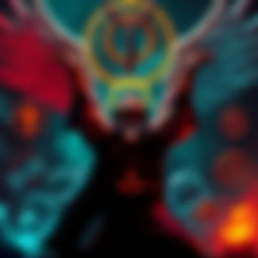 A person roleplaying as a divine figure in a fantasy game, surrounded by symbols of power and authority.