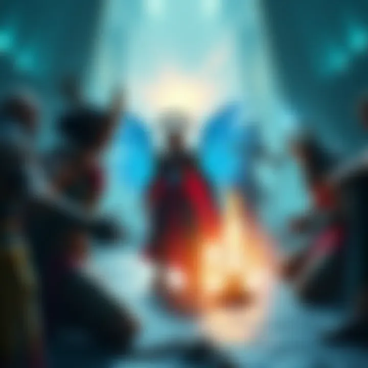 A scene featuring characters inspired by gods and goddesses from Hellenism in a video game setting, showcasing their powers and interactions in gameplay.