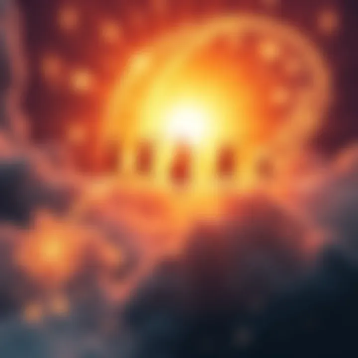 A timeline illustrating the evolution of divine intervention, featuring symbols of ancient gods, modern spirituality, and societal changes, showing the shift in beliefs over time.