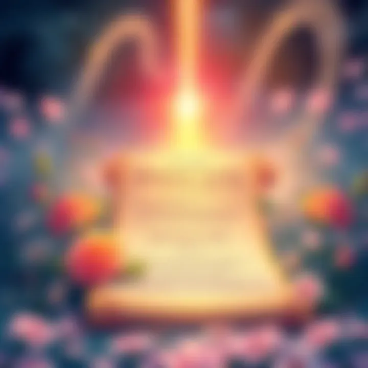 An illustration showing a radiant light symbolizing Divine Love, illuminating a scroll with verses from Narada Sutra 22, surrounded by flowers and soft colors.