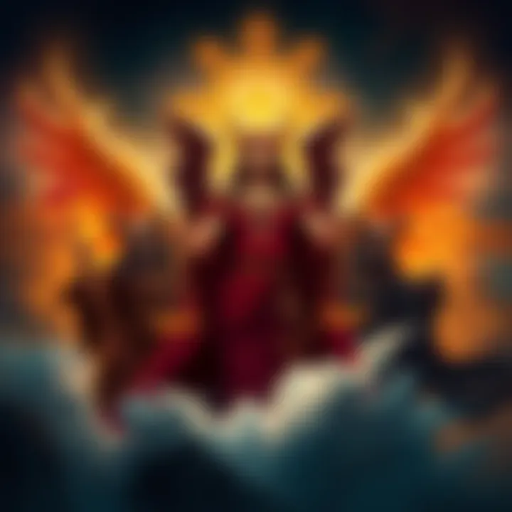 Illustration of Lucifer, Beelzebub, and Sathan as figures representing divine justice with symbolic elements surrounding them.