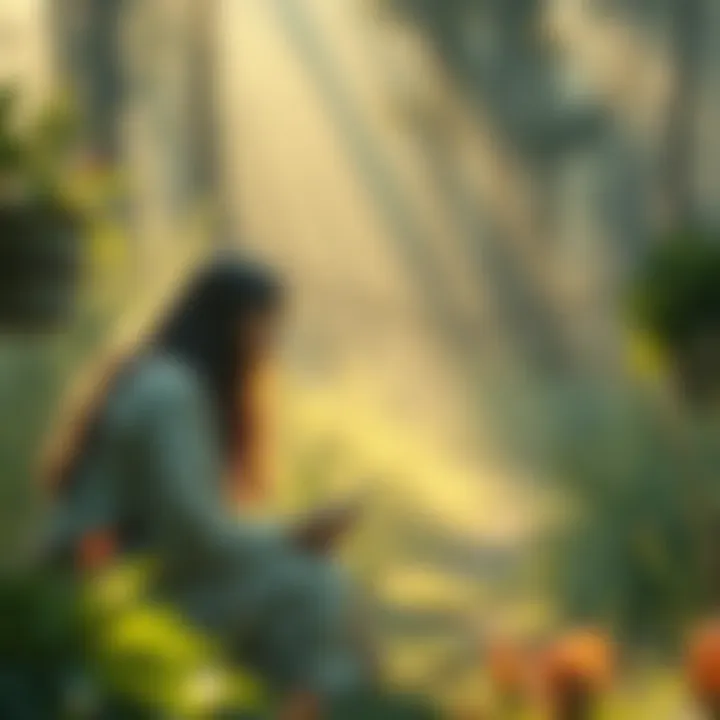 A serene scene showing a person engaged in routine activities, feeling the divine presence of Brigid and Freya, with soft light and nature around them.