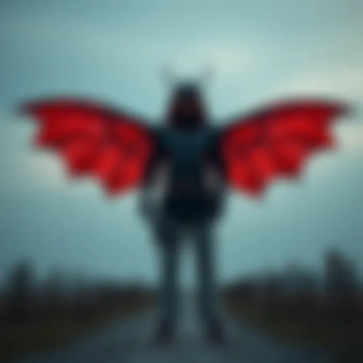 A person showing off their handmade Mothman costume with wings and glowing eyes, standing proudly in a simple outdoor setting.