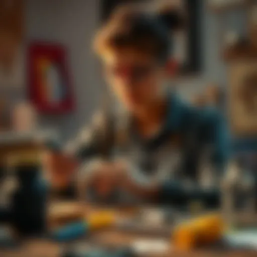 A person working on a handmade project with tools and materials, expressing creativity, showcasing both cool and lame aspects of DIY culture.