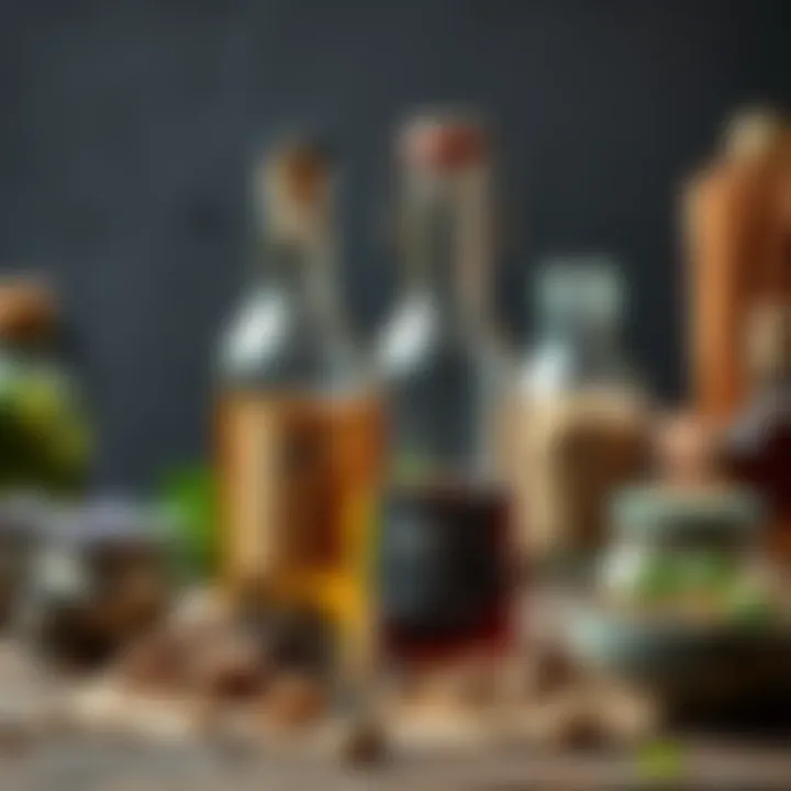 A bottle of alcohol next to dry herbs and simple equipment for making spagyric essence
