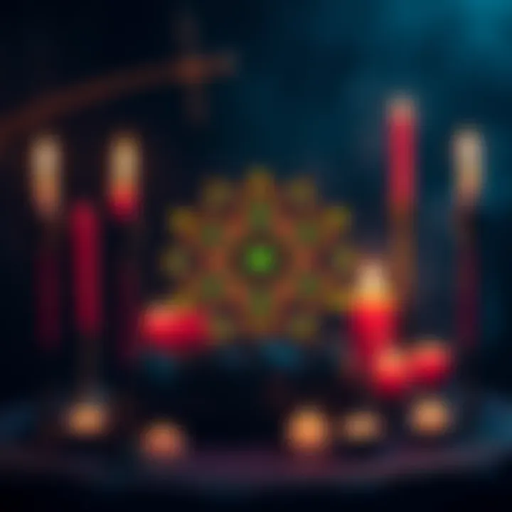 A colorful symbol representing a djab in Vodou, surrounded by candles and ritual items