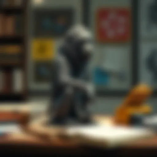 A detailed baboon statue symbolizing Djehuti, placed on a desk among educational materials, representing the bond between a teacher and the ancient deity.