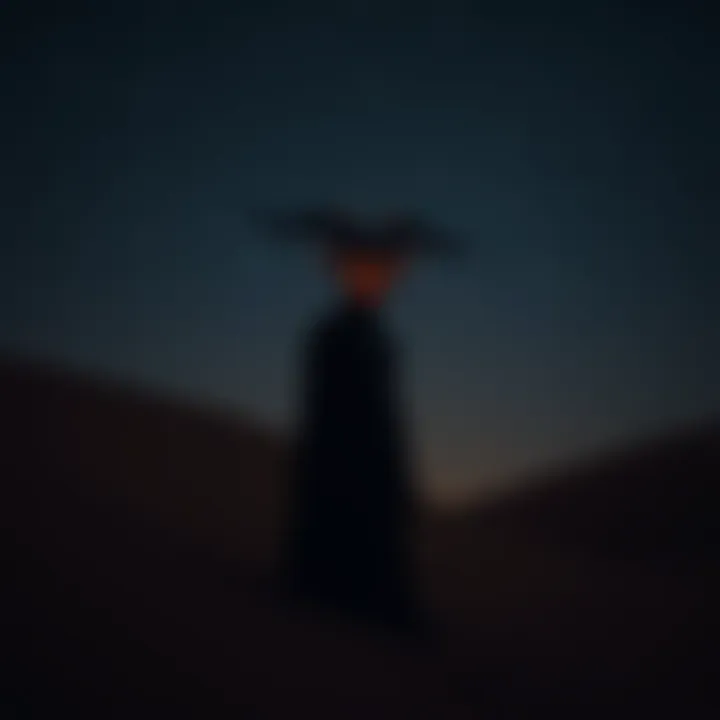 A dark silhouette of a mystic figure with glowing eyes in a sandy desert under a starry night sky, representing the dual nature of djinn as magical beings and potentially dangerous entities.