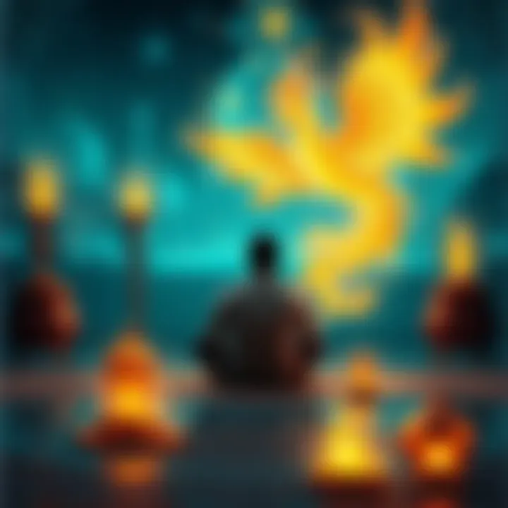 An individual sitting in a serene setting, communicating with a radiant djinn symbolizing wealth and prosperity, surrounded by symbols of success and abundance.