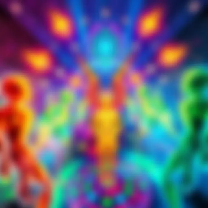 A colorful and abstract representation of a person having a DMT experience, surrounded by luminous beings or entities in a vibrant setting.