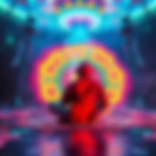A person sitting cross-legged with colorful, swirling patterns around them, symbolizing a DMT experience with alien-like figures in the background.