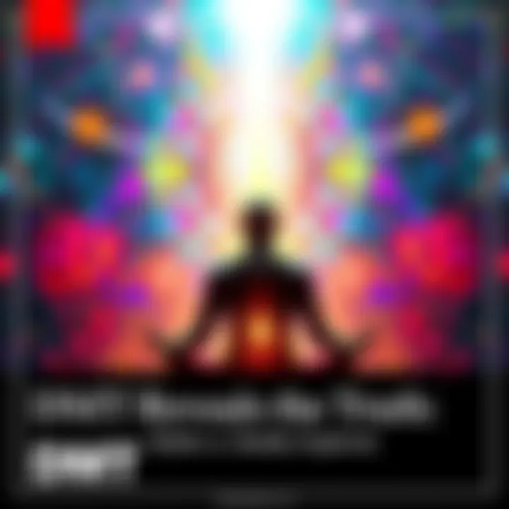 A colorful depiction of a person meditating with abstract shapes and light around them, symbolizing the DMT experience and consciousness exploration.