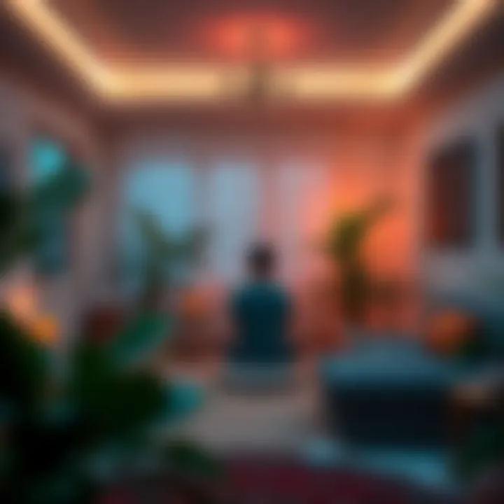 A serene therapy session involving a person sitting in a peaceful room, surrounded by nature and soft lighting, with plants and calming decor, illustrating the therapeutic use of DMT.
