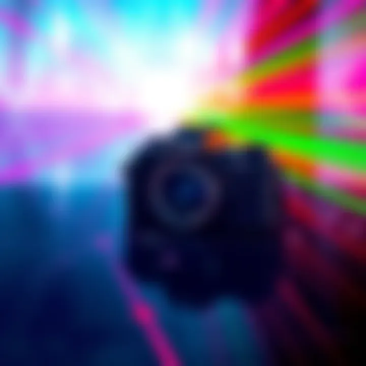A Canon EOS RP camera captures laser effects on a flat plastic surface with a circular polariser attached, showing colorful lines and crystal-like shapes.