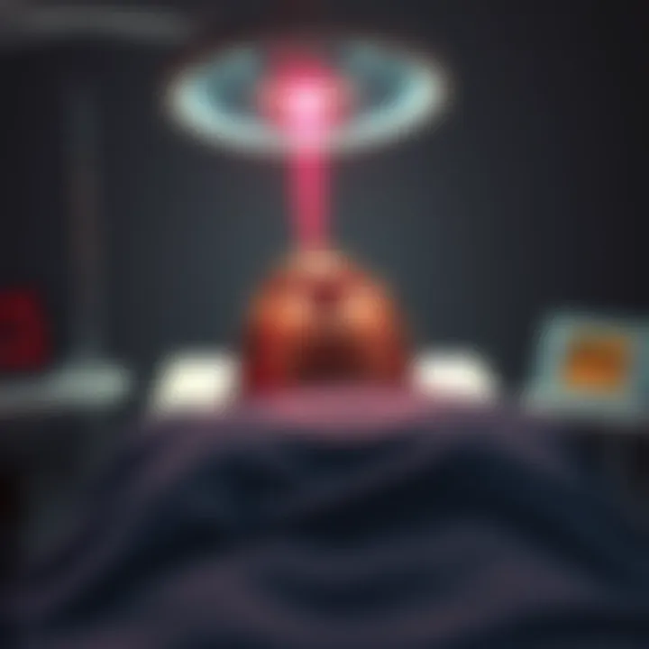 A person lying on a treatment table with a bright laser beam focused on their head, surrounded by medical equipment, suggesting a controversial therapy session.