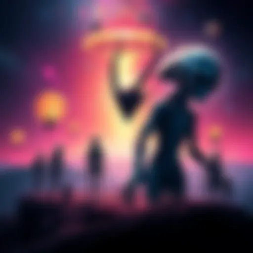 An artistic representation showing mysterious beings, known as machine elves, alongside figures resembling aliens in a cosmic setting, symbolizing the connection between both experiences.