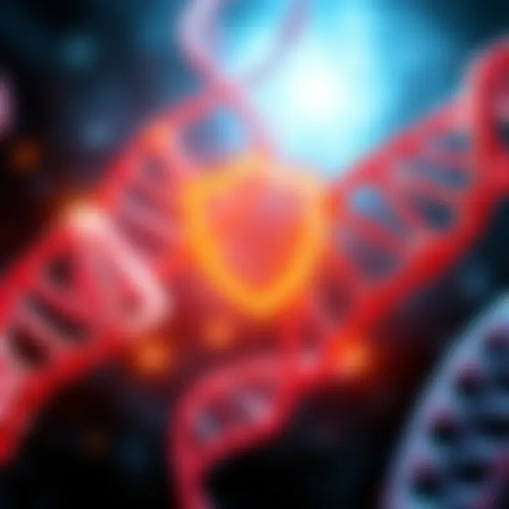 A visual representation of DNA strands surrounded by a protective firewall symbol, highlighting error correction concepts in genetics.