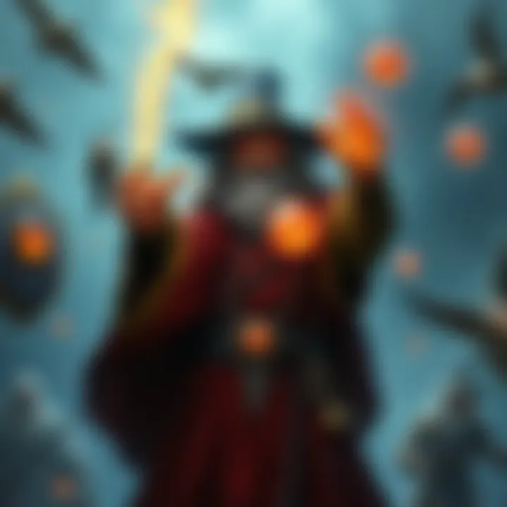 A wizard casting a psionic spell with a glowing crystal, surrounded by psychic shields and floating objects, illustrating mind powers and telekinesis in a fantasy setting.