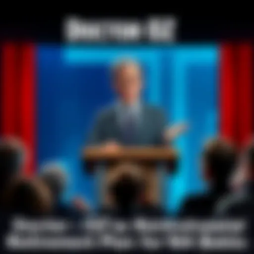 Doctor Oz speaking at a podium about retirement plans for those born in 1964, with a concerned audience in front of him.