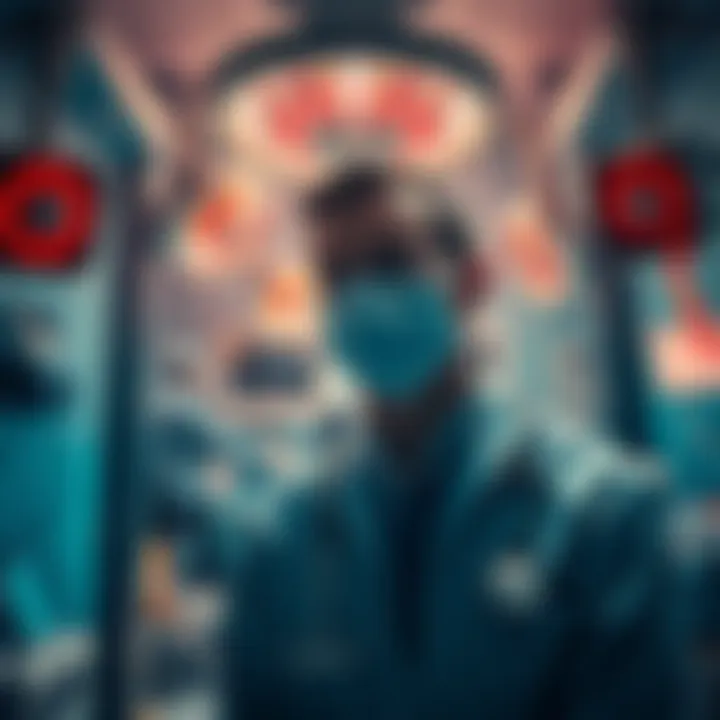 A doctor looks horrified in an operating room filled with chaos, with signs of latex allergies and burning skin visible.
