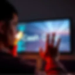A person looking at a screen displaying the words 'Cash Grab' with a skeptical expression