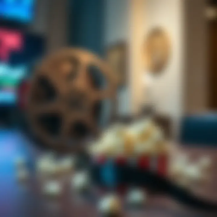 A film reel and popcorn on a table, symbolizing a call to identify a documentary.