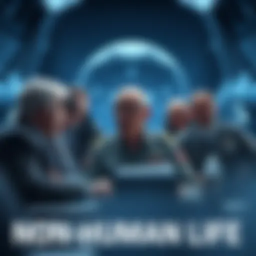 A group of experts discuss the impact of non-human life in a documentary, with a photo of retired Air Force General Neil McCasland on display.