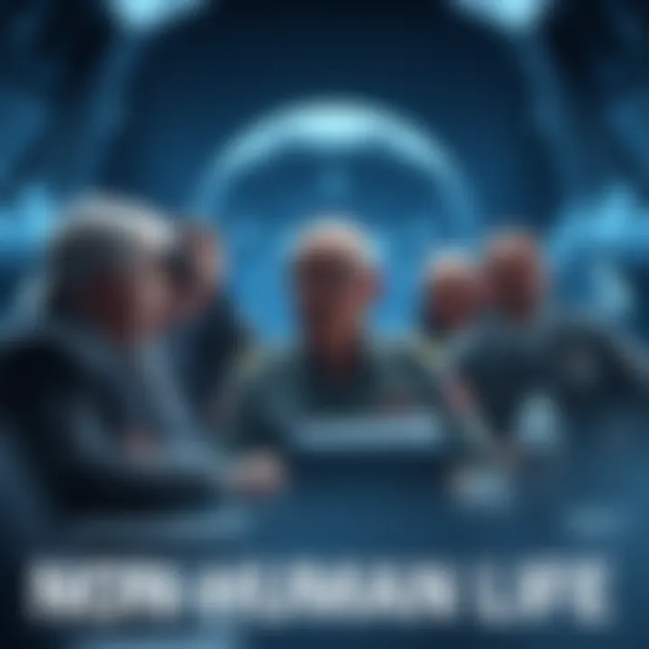 A group of experts discuss the impact of non-human life in a documentary, with a photo of retired Air Force General Neil McCasland on display.