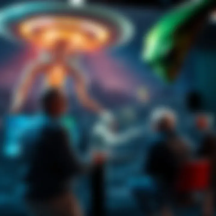 A scene from a documentary featuring interviews about aliens and public perceptions, with visuals of people discussing and alien-themed imagery in the background.