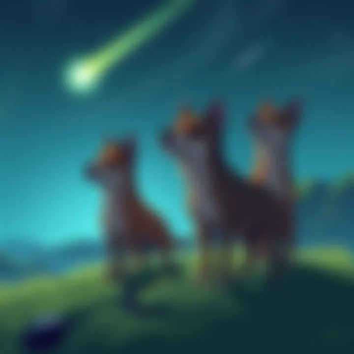 Dog aliens concept illustration A playful representation of dog aliens with humanoid features, standing on a green hill under a starry sky, looking up at a comet.