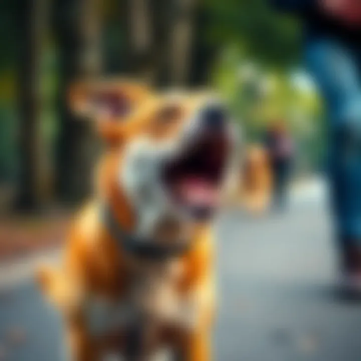 Dog Barking During Walk A dog barking loudly while on a walk, with its owner nearby looking surprised.