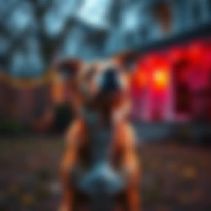 Dog Listening to Sounds from House A dog stands alert in a yard, ears perked up as it hears strange noises from an empty house nearby.