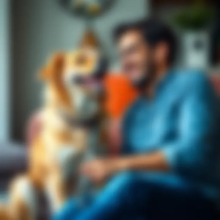 A happy dog sitting next to its owner, both looking at each other with affection. The owner is smiling, showing a strong bond with the pet.
