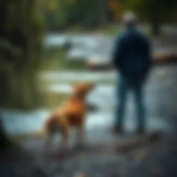 A dog stands hesitantly near a creek while its owner looks worried, both sensing something unusual in the surroundings.