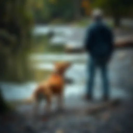 A dog stands hesitantly near a creek while its owner looks worried, both sensing something unusual in the surroundings.