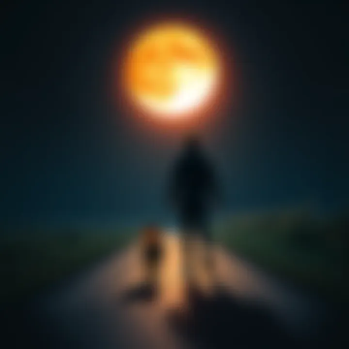 A person walks their dog at night under a bright full moon during a lunar eclipse, creating a slightly eerie atmosphere.