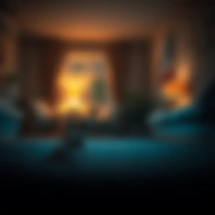 A small dog cowers on the floor of a dimly lit living room, showing signs of fear as it gazes at an unseen presence in the corner.