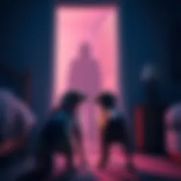 A dog stands in front of a bedroom door, gazing at a shadowy figure. The scene captures a moment of curiosity and surprise.