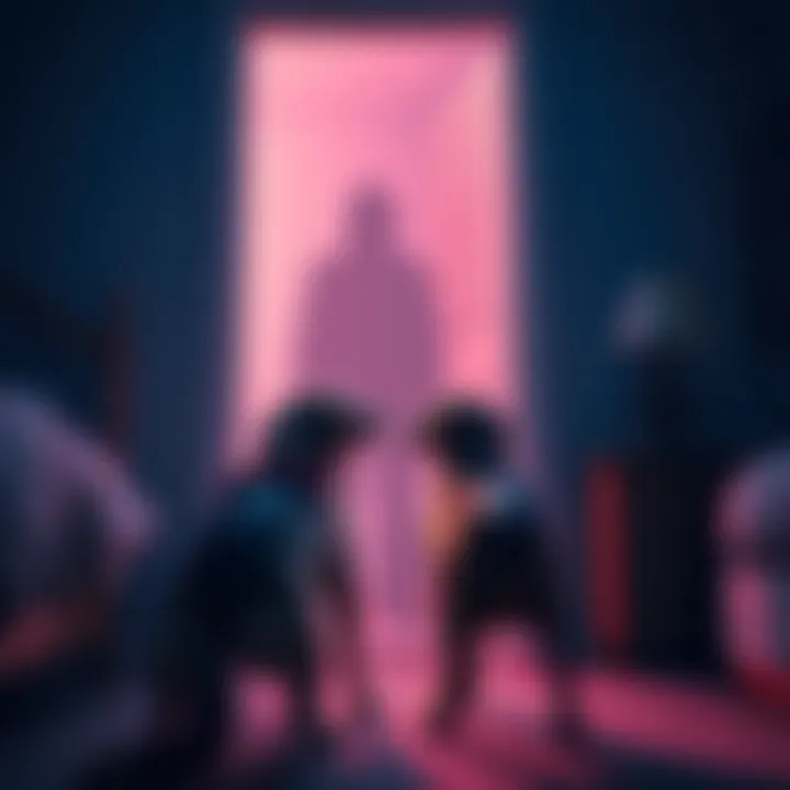 A dog stands in front of a bedroom door, gazing at a shadowy figure. The scene captures a moment of curiosity and surprise.