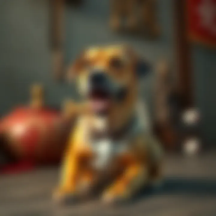 A dog sitting with a bone in its mouth, looking content but distracted.