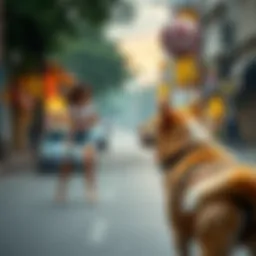 A woman feeding street dogs with one dog approaching her in a dream setting, symbolizing a manifestation experience.