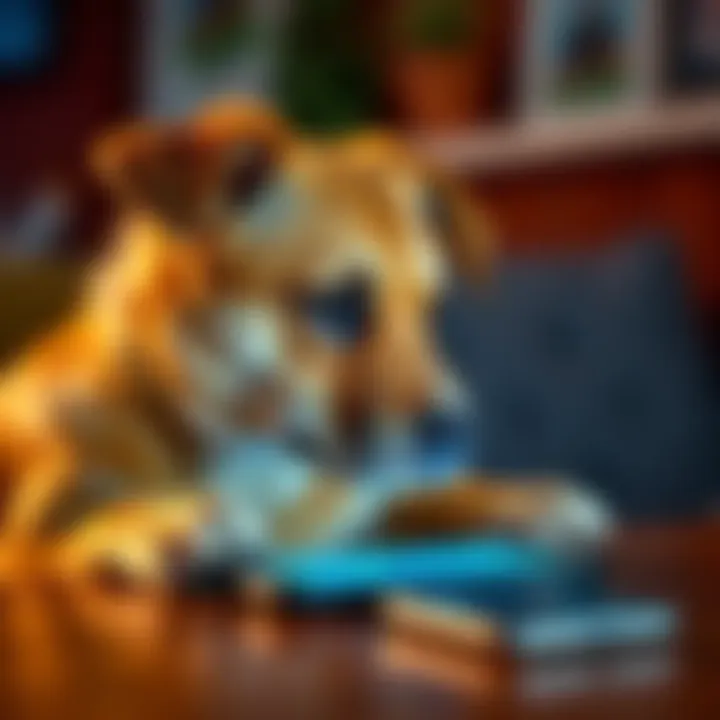 A dog showing disinterest while sitting away from a smartphone on a table.