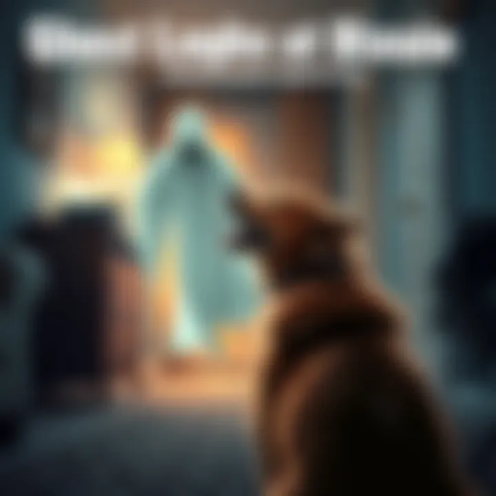 Dixie the dog barking at a shadowy figure in an apartment, with a ghostly laugh echoing in the background